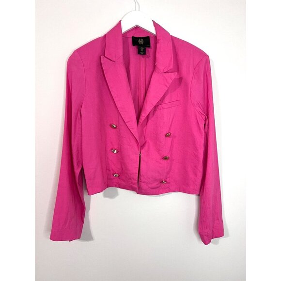 House of Harlow Pink Long Sleeve Linen Cropped Double Breasted Blazer Size M - Picture 2 of 9